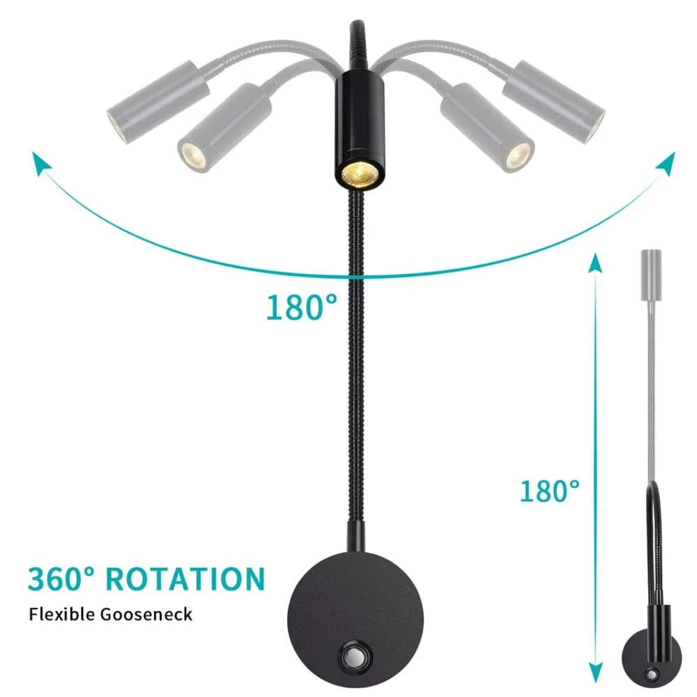 Tokili US EU UK Wall Lamp with Plug and Switch Touch Dimmer 3 CCTs Bedside Headboard Light Reading Book 3W LED USB Charging Port