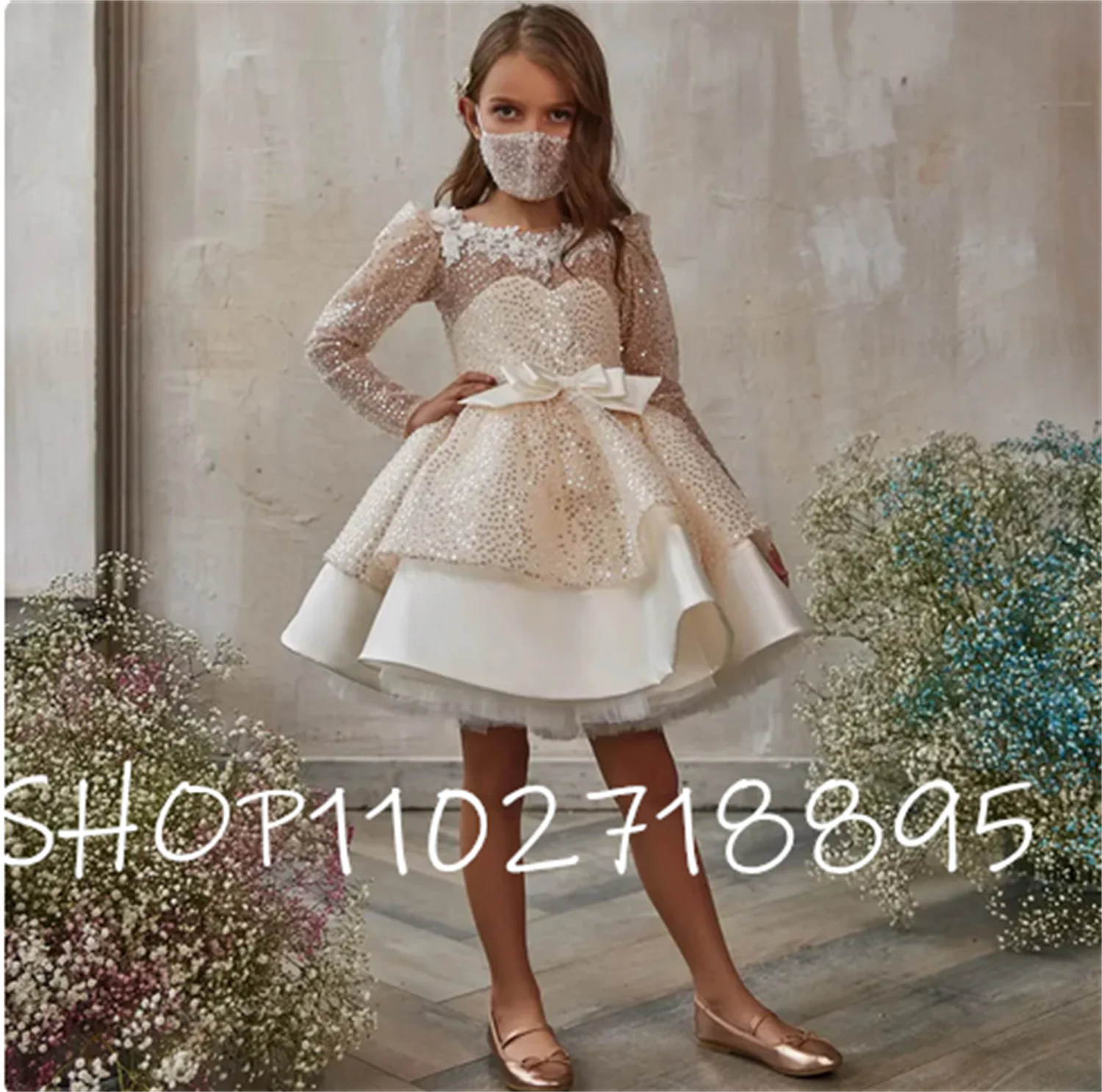 

Exquisite Sequin Flower Girls Dresses 2023 Long SLeeves Applique Puffy Kids Wedding Party Dress A-Line Girl Princess Gowns