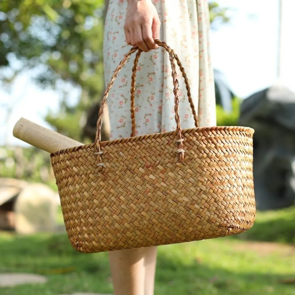 

Handwoven Portable Storage Basket for Grocery Shopping Outdoor Picnic and Gift Giving Natural Straw Utility Tote Bag