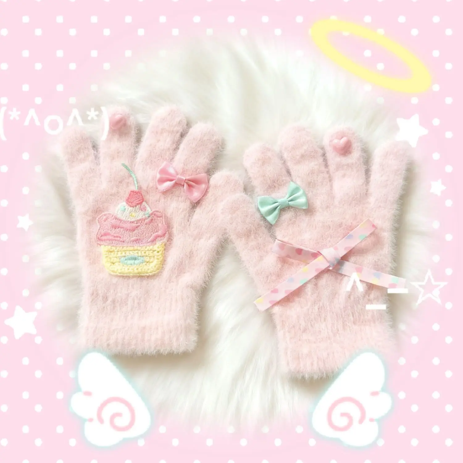 Original Kawaii Cupcake Embroidery Plush Gloves & Earmuffs Sweet Lolita Bow Warm Winter Windproof Warmers Girls Accessory