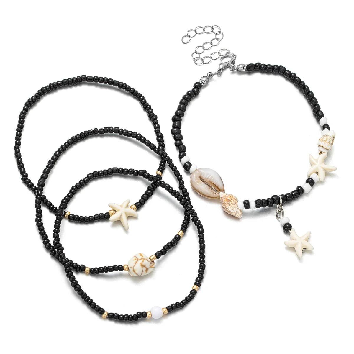4 pieces of beach style resin shell starfish pendant anklet, multi-layered black rice bead women's anklet