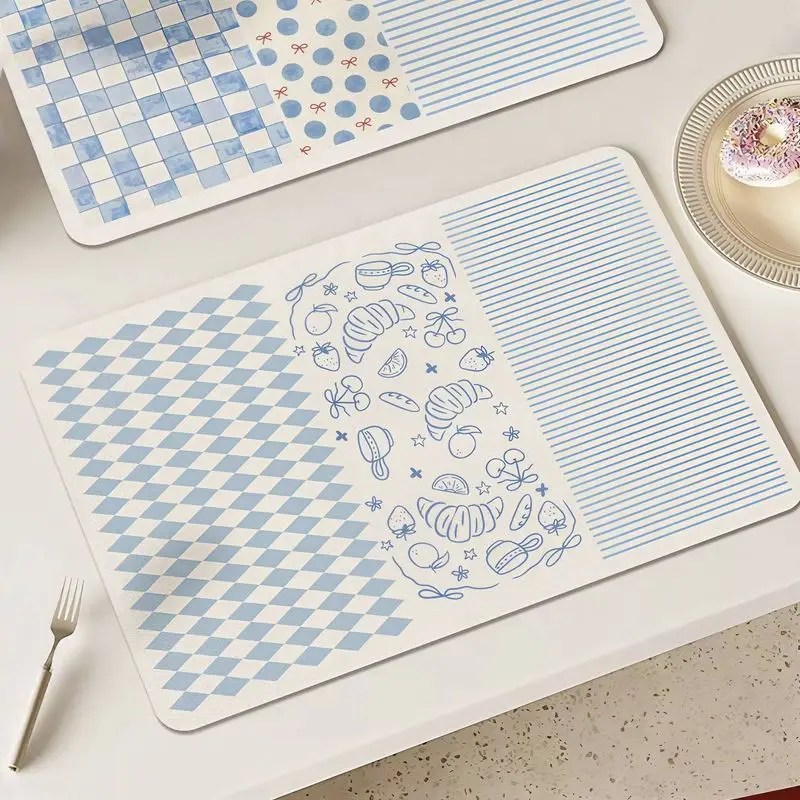 VIKAMA Ins Wind Blue Sketch Tableware Drain Mat, Absorbent and Non-Slip Kitchen Countertop Mat, Home Decor