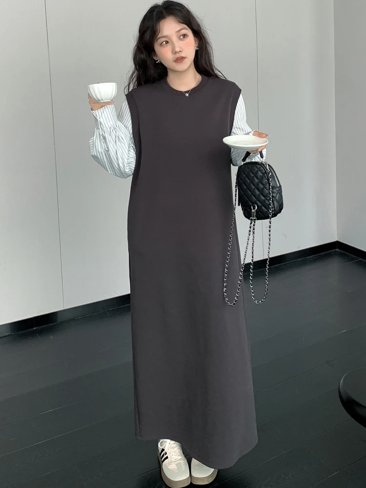 NYFS 2025 خريف جديد رمادي مخطط قطعتين وهمية فستان طويل فضفاض حجم كبير ملابس خارجية رداء للنساء Elbise #2