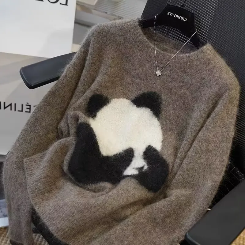 Autumn/Winter 2024 New Sweater Jacquard Lazy Cartoon Panda Embroidery Design Hoodie Knitted Sweater Loose Cashmere Top for Women