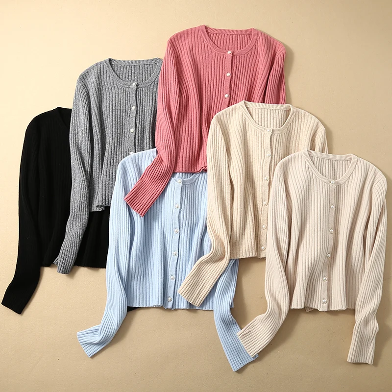 

New Women's Wool Cardigan O-neck Slim Rib Knit Cashmere Sweater Autumn Winter 100% Merino Wool Knitwear Korean Style Short Tops