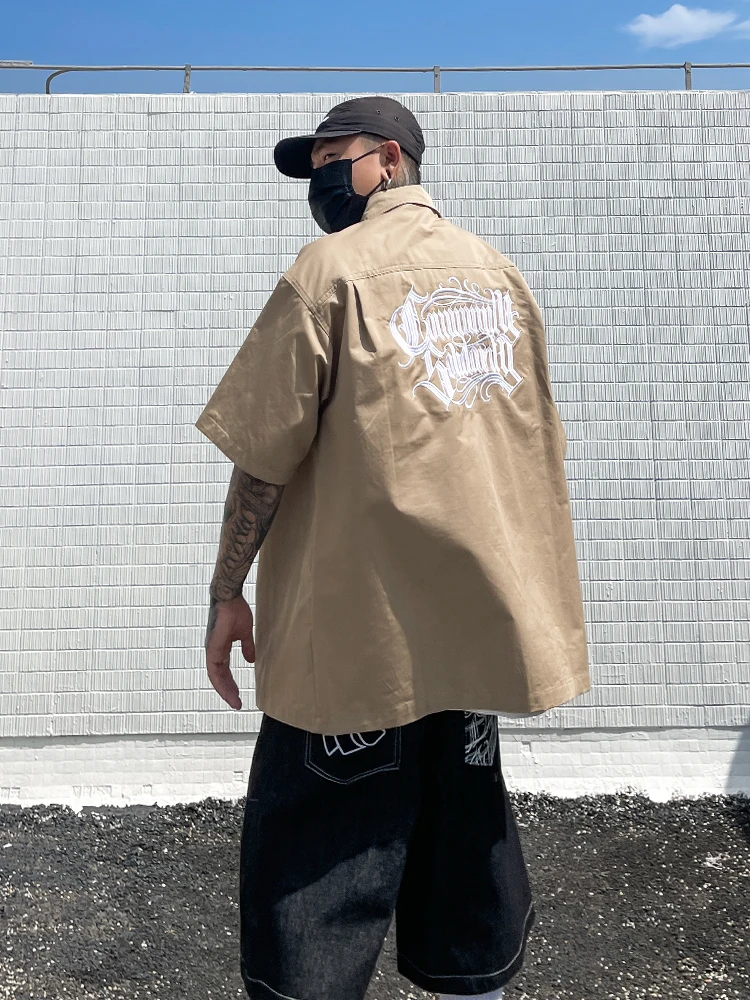 

Мужская свободная рубашка в американском стиле Вест-Кост с вышивкой, летняя, оригинальная, уличная, хлопковая, в клетку, с коротким рукавом, на пуговицах