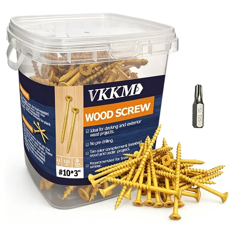 VKKM Outdoor Deck - Fencing Self-Tapping Screws, #8 #9 #10 Yellow Epoxy Anti-Rust Wood Screws, Star Drive Thread-Shank, Free T25 Bit Included, for Outdoor Wood Projects, Pack Sizes: 100/120/150/250/300/450/500pcs