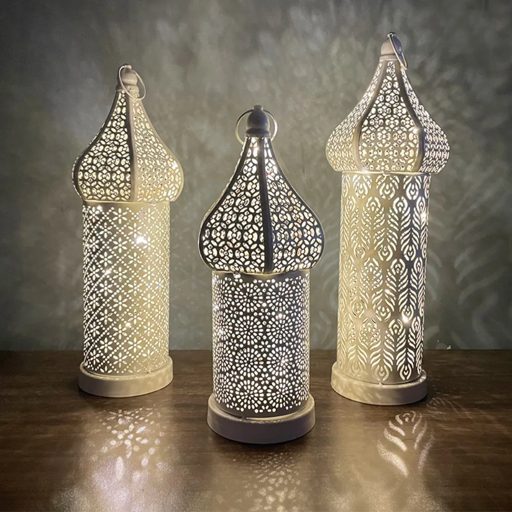 

Home Ornament Iron Art Moroccan Night Light Vintage Battery Powered Ramadan LED Light Hollow Masjid Lantern Islam Muslim