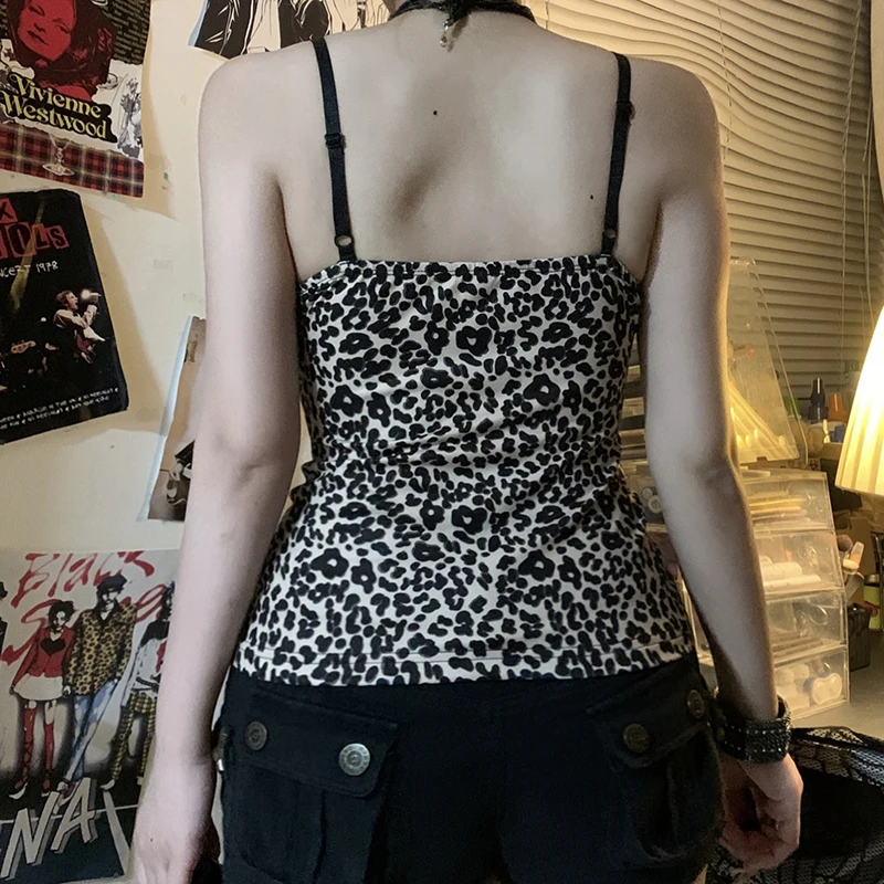 

[RUOKE] Sexy Lace Camisole Top Women Spring Summer Leopard Patchwork Spaghetti Strap Y2K Tank Top Streetwear Daily Casual Outfit