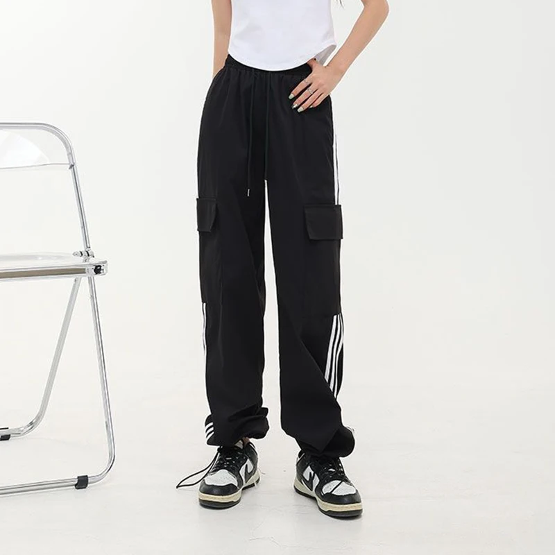 Gidyq Streetwear Women Stripe Cargo Pants American Style Fashion Patchwork Loose Sweatpants Y2K Female Hip Hop Wide Legs Pants