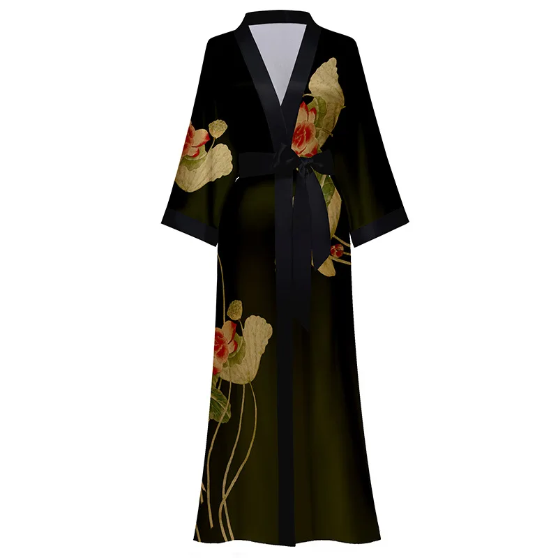 New Nightgown Women's Spring and Summer Thin Ice Silk Satin Atmospheric National Style Luxury Lace-up Morning Gown Loungewear