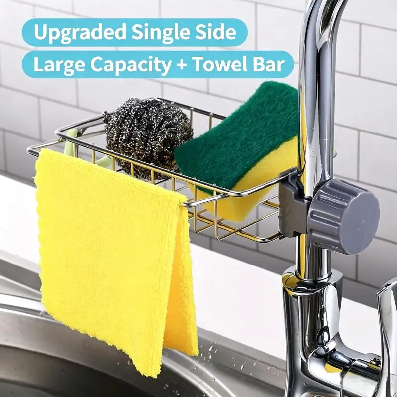 Sturdy Stainless Steel Faucet Caddy Rust Proof No Drilling Easy Installation Kitchen Sink Organizer for Soap Sponge Brushes