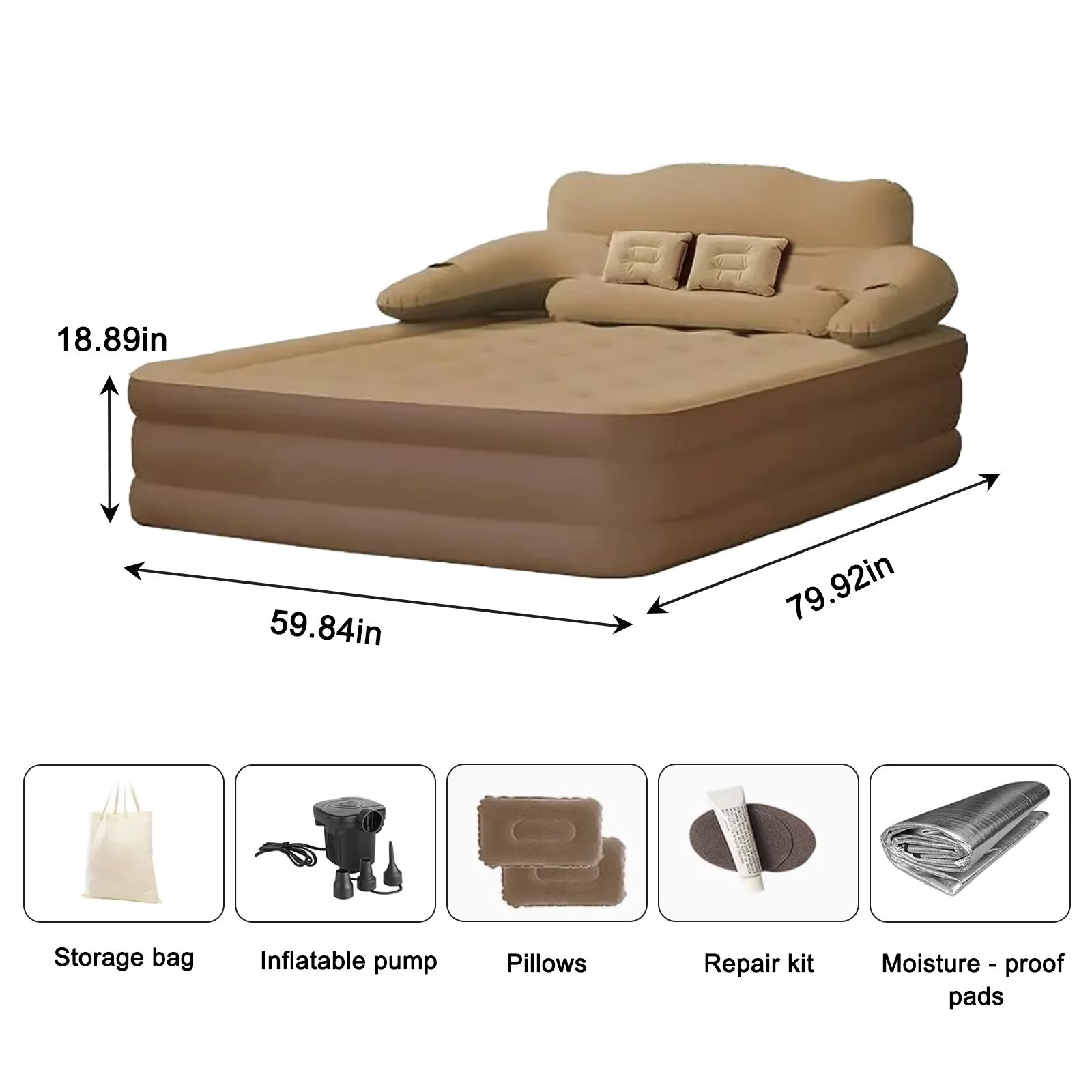 2-Personen-Campingmatratze mit integrierter/externer Pumpe, Rückenlehne, PVC, automatisch aufblasbares Luftkissen, erhöhte Höhe, verdickt, für drinnen und draußen, Büro, Freizeit, Schlafmatte, 203 cm