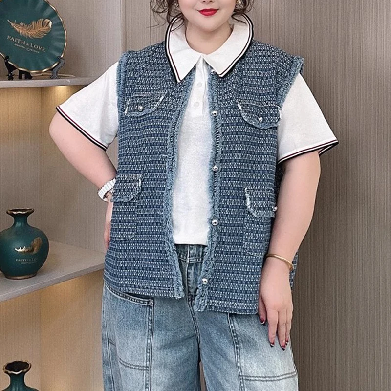 

2025 Spring Plus Size Women's Tweed Frayed Hem Denim Vest, Chic Sleeveless Waistcoat Jacket, Stylish Casual Top 8288