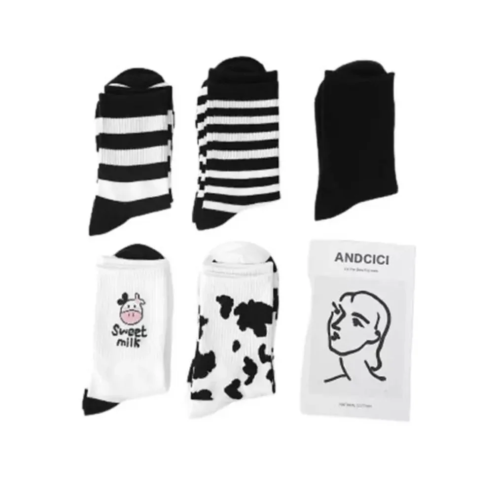 Funny Socks Striped Cow Print White Black Cartoon Sport Cozy Cute Girls Cotton Socks