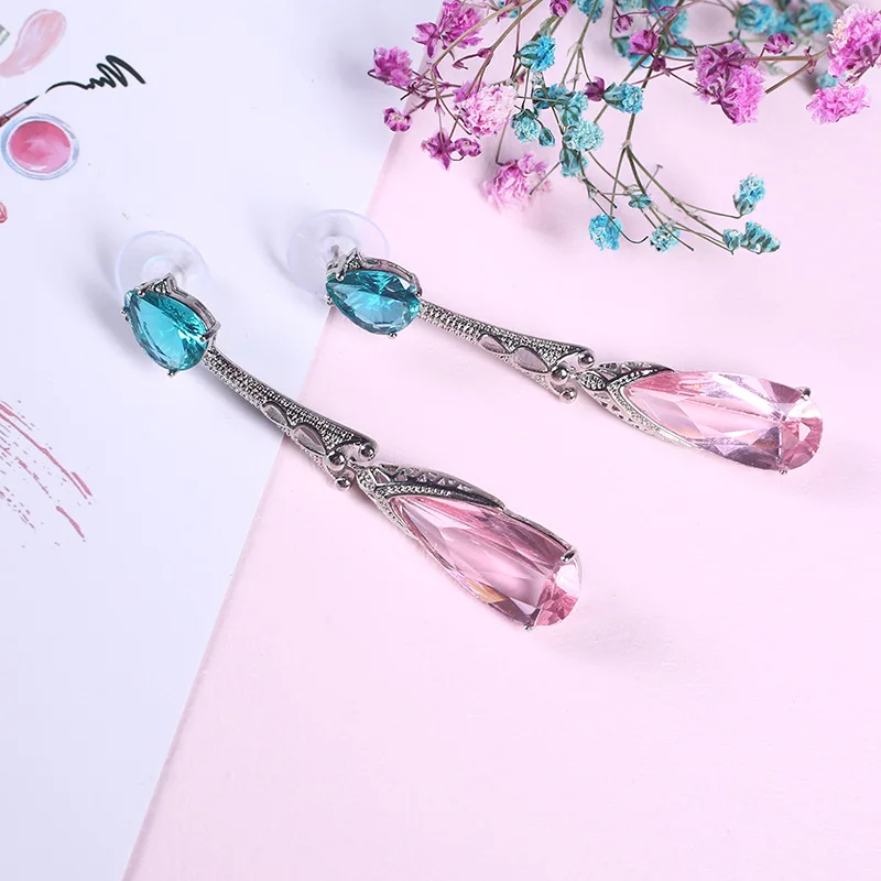 

Luxury Female Red Blue Water Stud Earrings Fashion 925 Sterling Silver Zircon Stone Earrings Vintage Long Earrings for Women