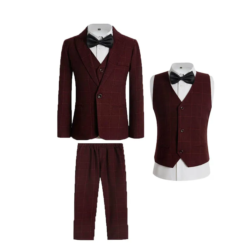 4 Pieces Children Burgundy Jacket Vest Pants Bowtie Photography Suit Boys Ceremony Costume Kids Wedding Tuxedo Dress 1-14 Years