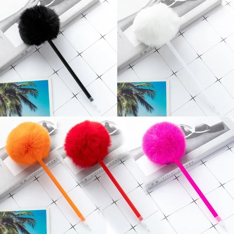  5Pcs Furry Pom Ballpoint Pen Office School Supplies 1.0mm Smooth to Write