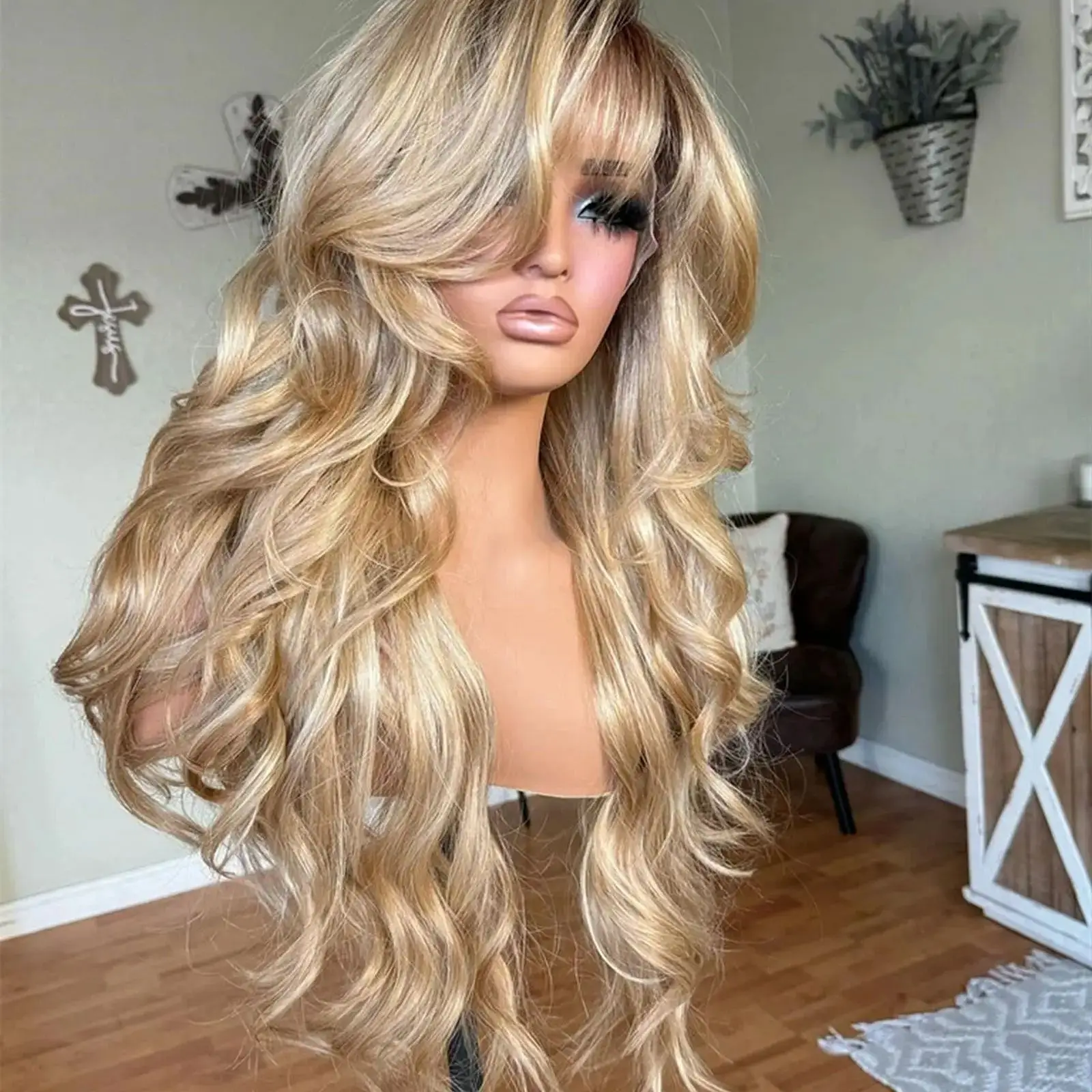 

Loose Wave Long Length Synthetic Lace Top Wigs Soft Ombre Golden Blonde Realistic Look Daily Party Cosplay Wigs With Bangs Daily