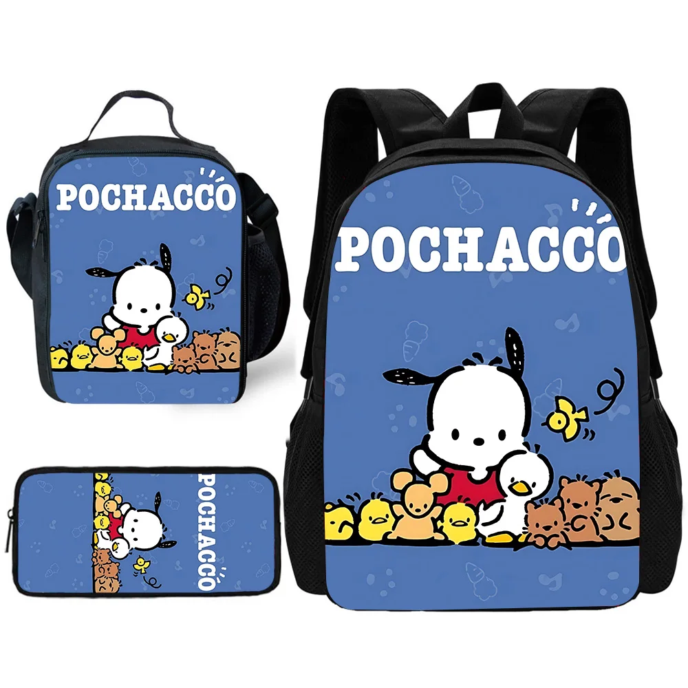 Cute Cartoon Pochaccos Child School Backpack with Lunch Bags ,Pencil Bags ,School Bags for Boys Girls Best Gift