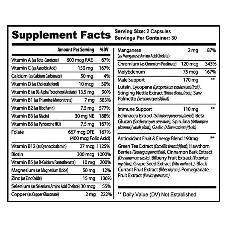 Men's multivitamin supplements, including vitamins A, C, D, E, and B12, zinc, calcium, magnesium, etc