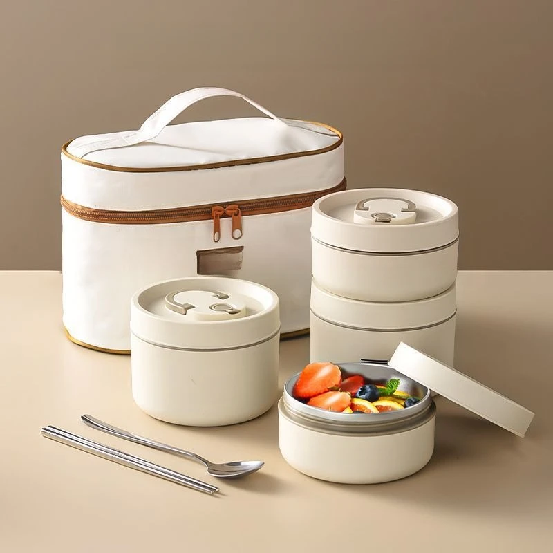 Edelstahl Isolierte Lunchbox 3-teilig oder 4-teilig Set Tragbare Lebensmittel-Aufbewahrungsschale Auslaufsicherer Isoliertopf Stapelbare Lunchbox mit Handtasche