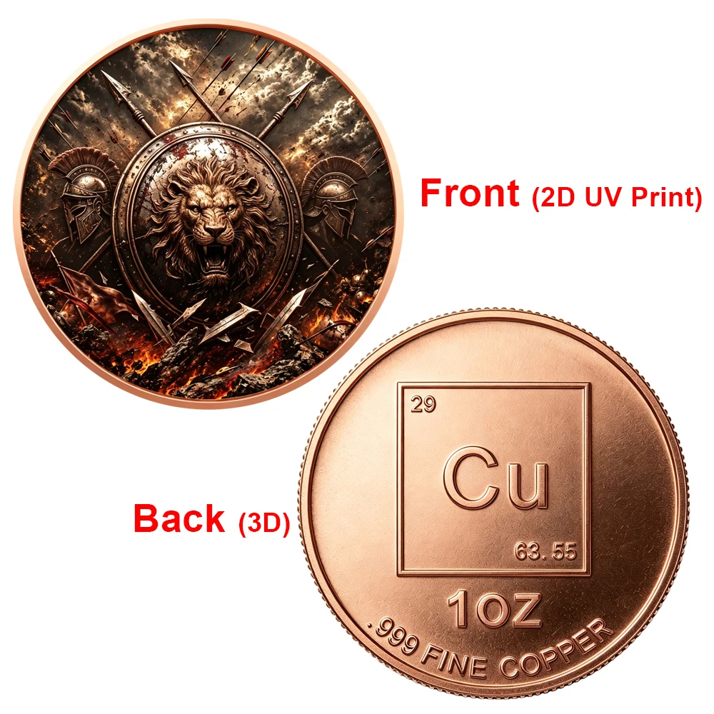 1pc Ancient War Lion 999 Fine Copper Coin 1 OZ Fine Copper Shielded Warrior Challenge Coin Token Gifts for History Enthusiasts
