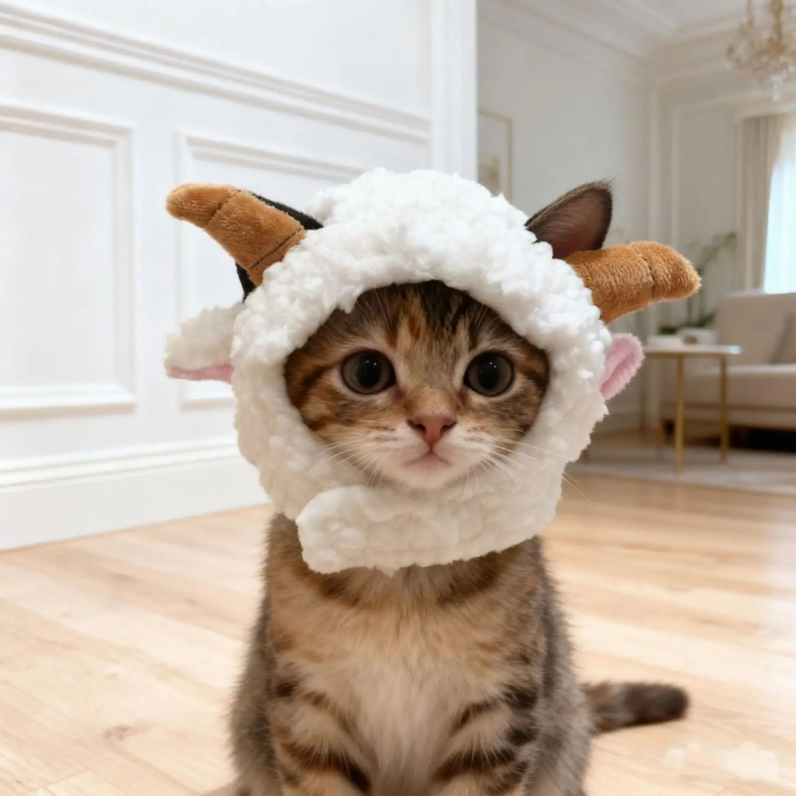 Funny Cat Caps Sheep Plush Pet Head Cover Cute Cat Small Dog Winter Warm Headwear Head Cover Cross Dressing Hat Cosplay Hat