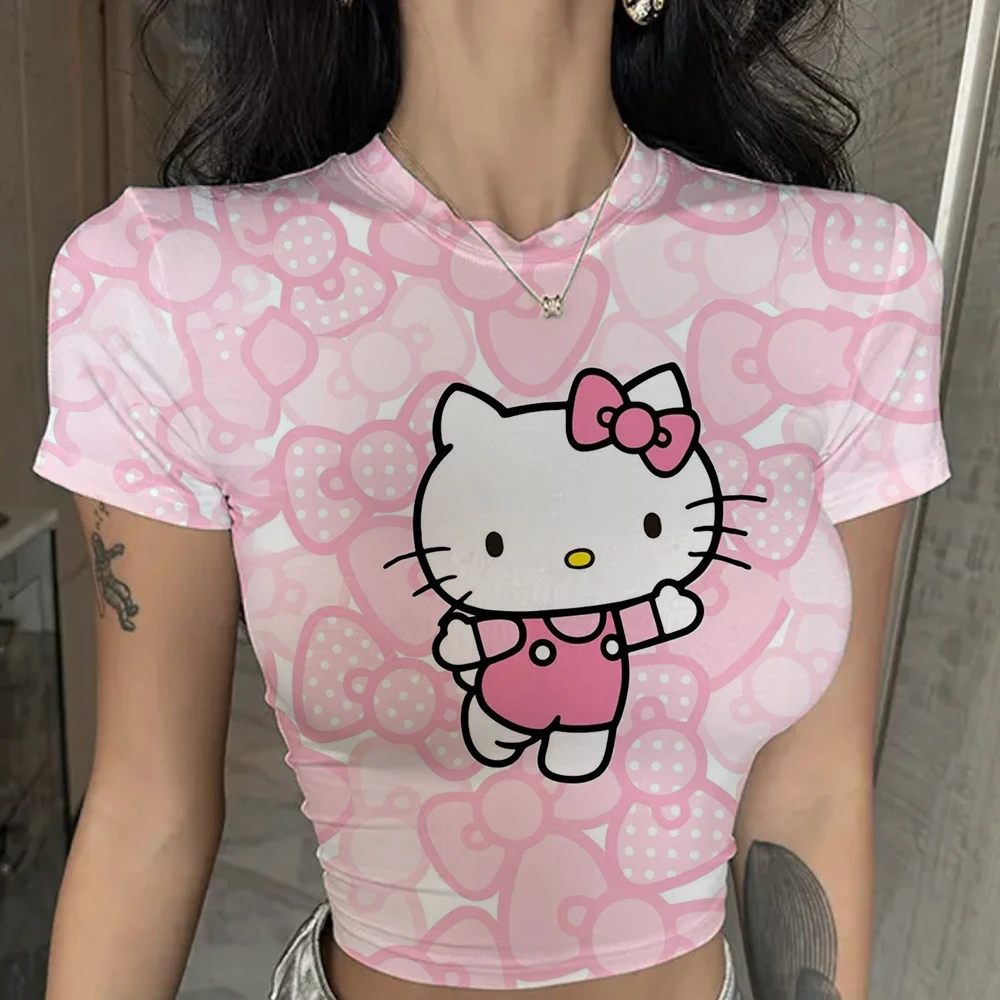 Letnia estetyczna bluzka patchworkowa damska Vintage Punk Hello Kitty nadruk koszulka z krótkim rękawem seksowny styl ubrania Y2k różowa koszulka