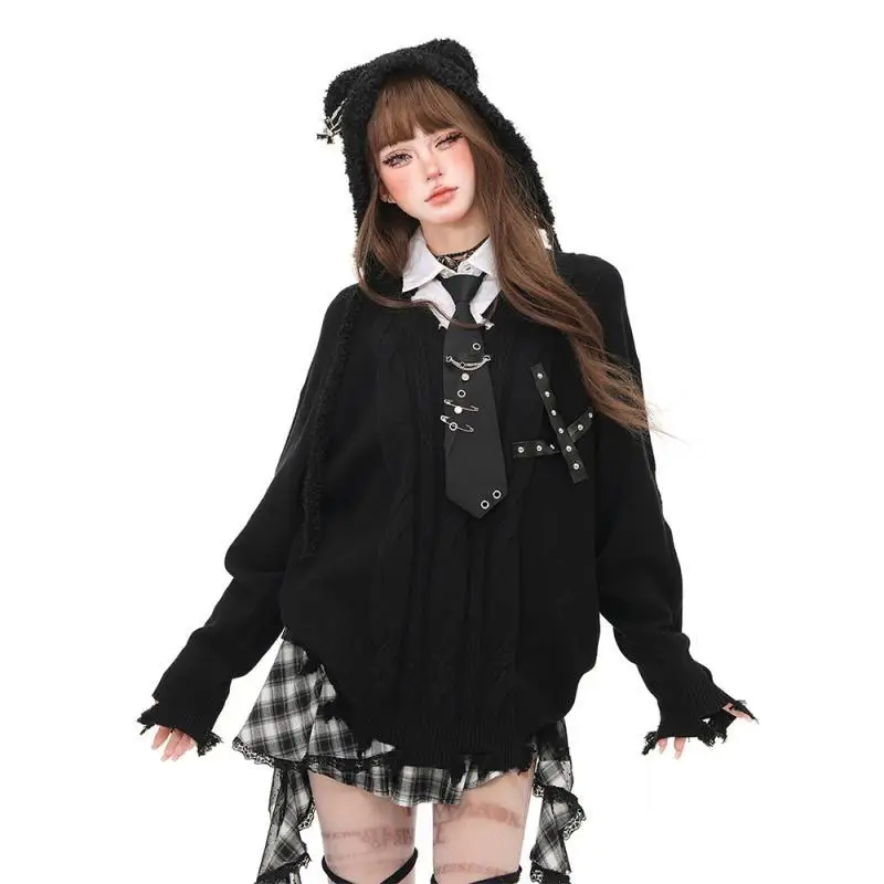 Sweter Rajutan Vintage Gaya Amerika Wanita Musim Gugur Musim Dingin Harajuku Longgar Lengan Panjang Pullover Fashion Wanita Jumper