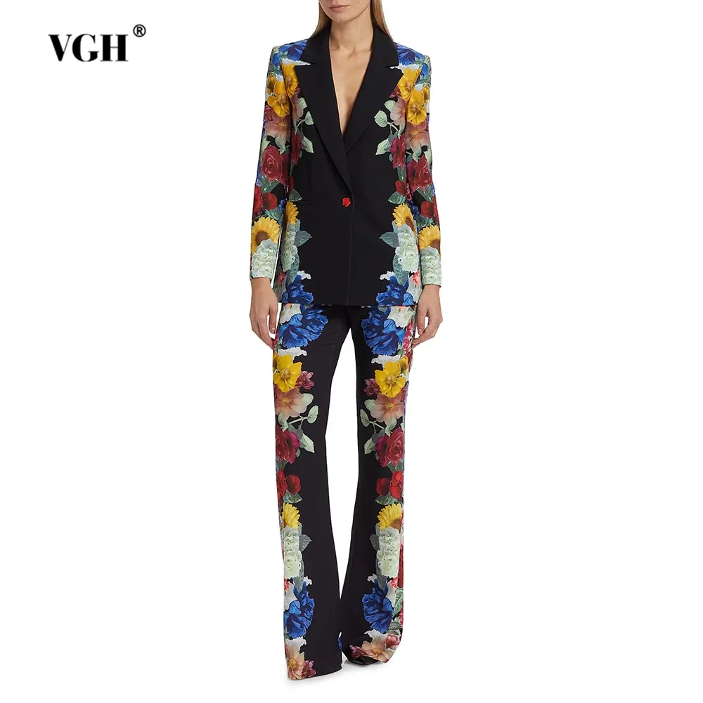 VGH Formale Druck Zwei Stück Set für Frauen Revers Langarm Verstärktes Chic Botton Blazer Hohe Taille Hose Anzug Weibliche Kleidung