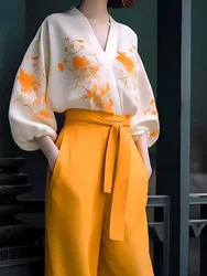 Printing Spring Autumn Trousers Woman Wide Leg Retro Orange Pant Sets for Women 2 Pieces New Matching Casual Elegant Aesthetic D