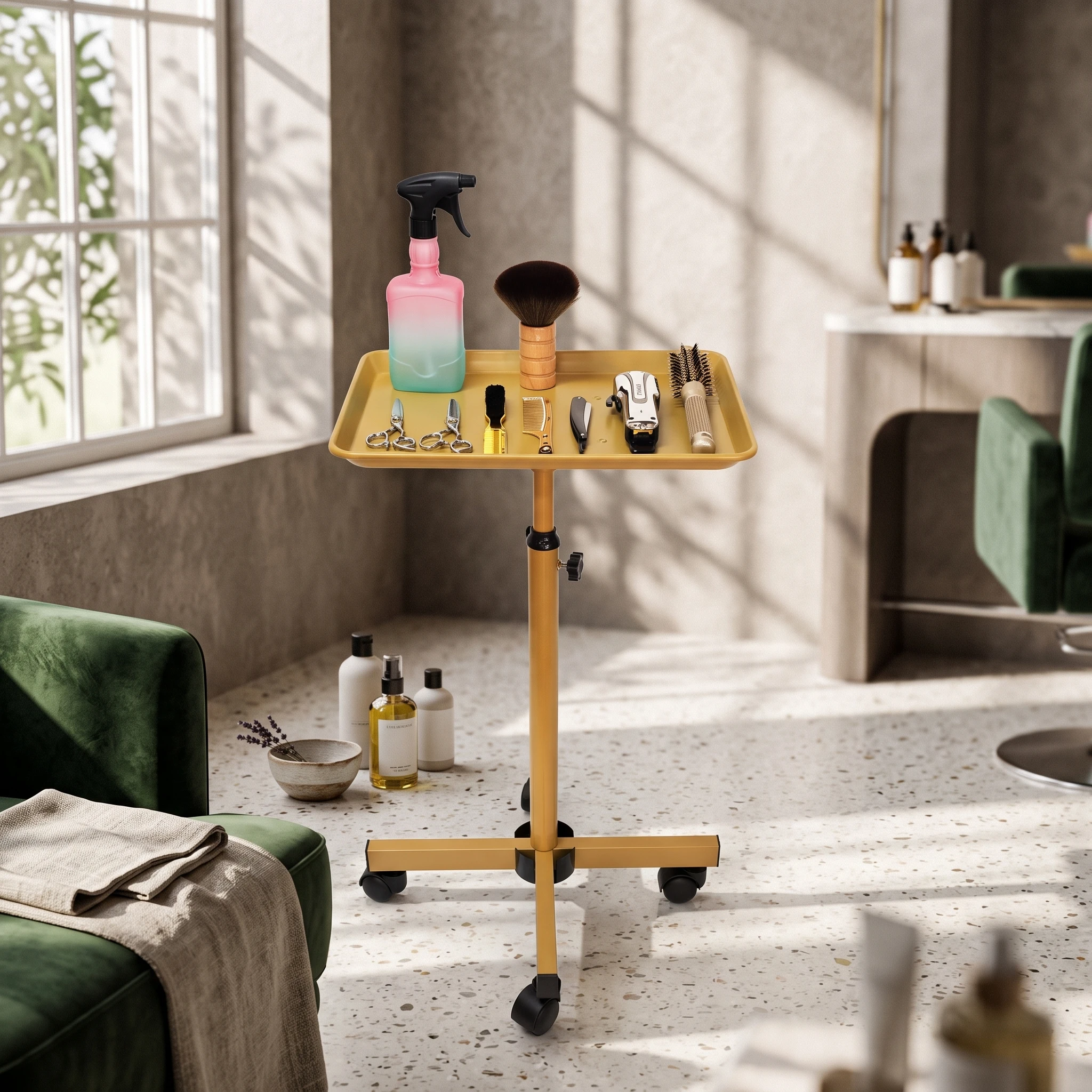 Height Adjustable Salon Tray Stable Base Mobile Beauty Trolley Tray for Barbershop
