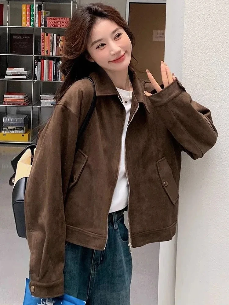 

Korean Retro Autumn Jacket Women Brown Loose Simple Zipper Office Lady Coats Long Sleeve Vintage Elegant Female Short Jackets