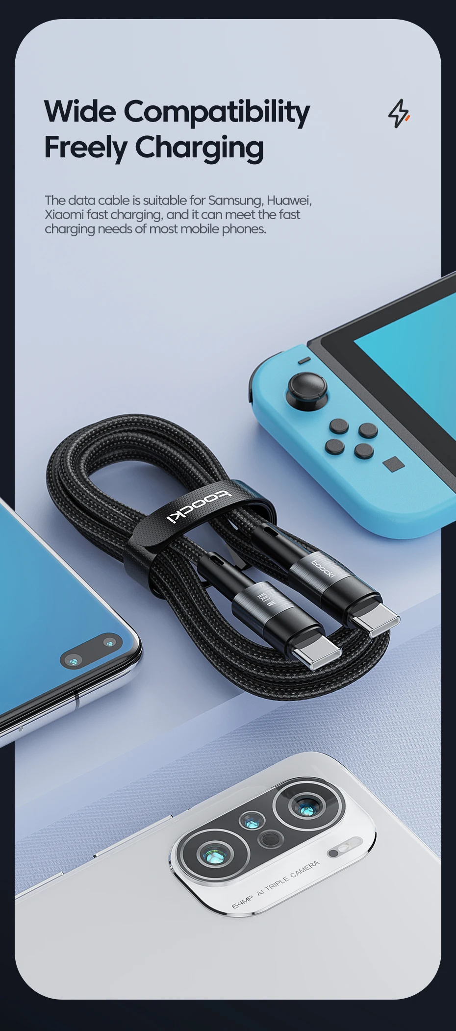 Toocki PD 100W Typ-C-zu-Typ-C-Kabel 5A Schnellladekabel USB-C-zu-USB-C-Kabel für iPhone 15 16 Huawei Mate 80 Honor Samsung Xiaomi – Detail 4