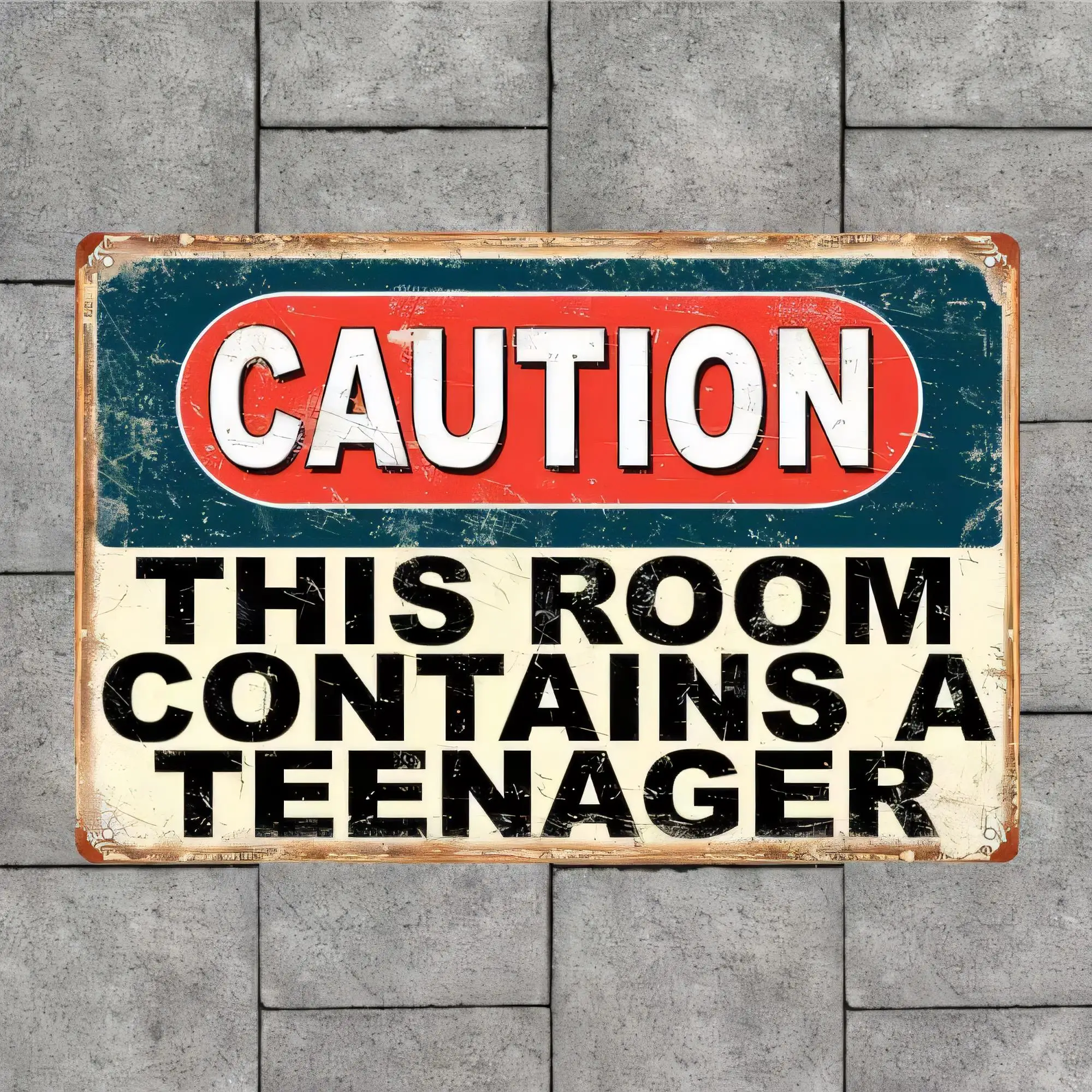 Tin Sign Caution This Room Contains A Teenager Funny Retro Vintage Metal Wall Art Plaque for Bedroom Garage Bar Man Cave Office