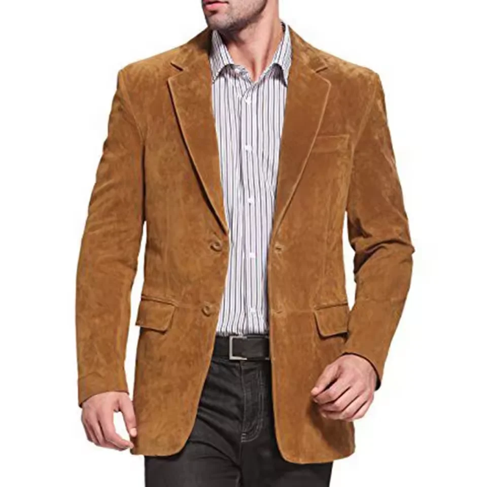Luxury Men‘s Suede Blazer Notch Lapel 2 Button Lightweight Sport Coat with Flap Pockets Suit Jacket for Business Casual Wedding