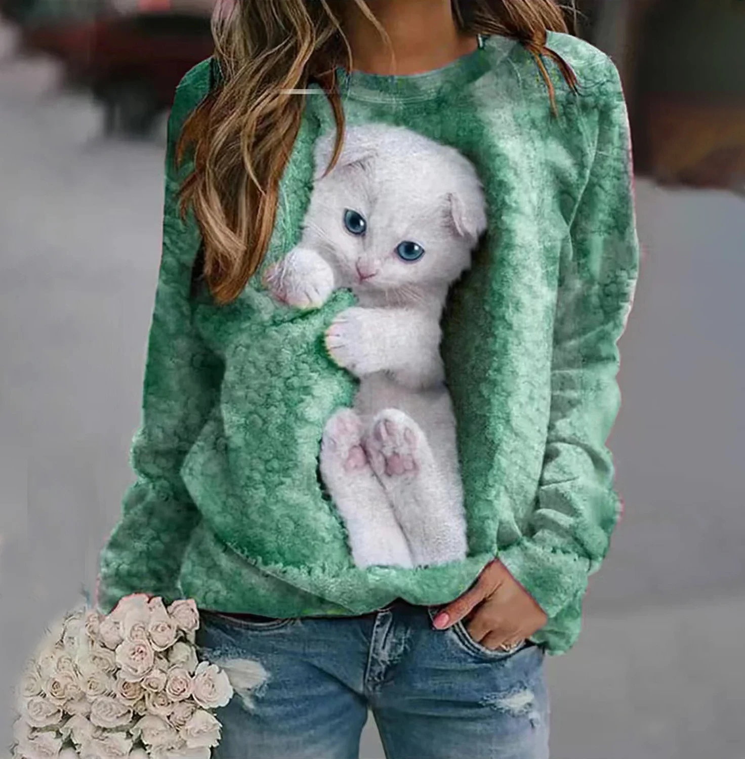 Women's Sweatshirt Pullover Cat Street Casual White Sports Basic Round Neck Long Sleeve Micro-elastic Fall & Winter Pull On Tops