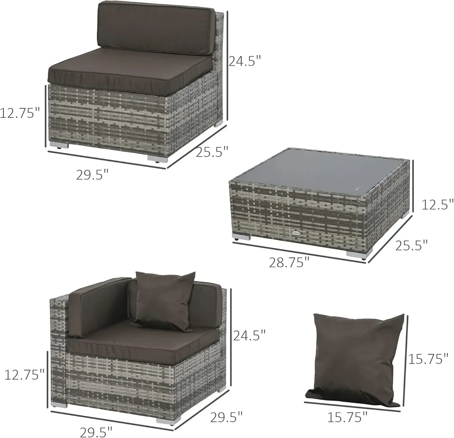 Set furnitur teras 7 buah, Set Sofa anyaman luar ruangan dengan Bantal & meja Tempered Glass, arang