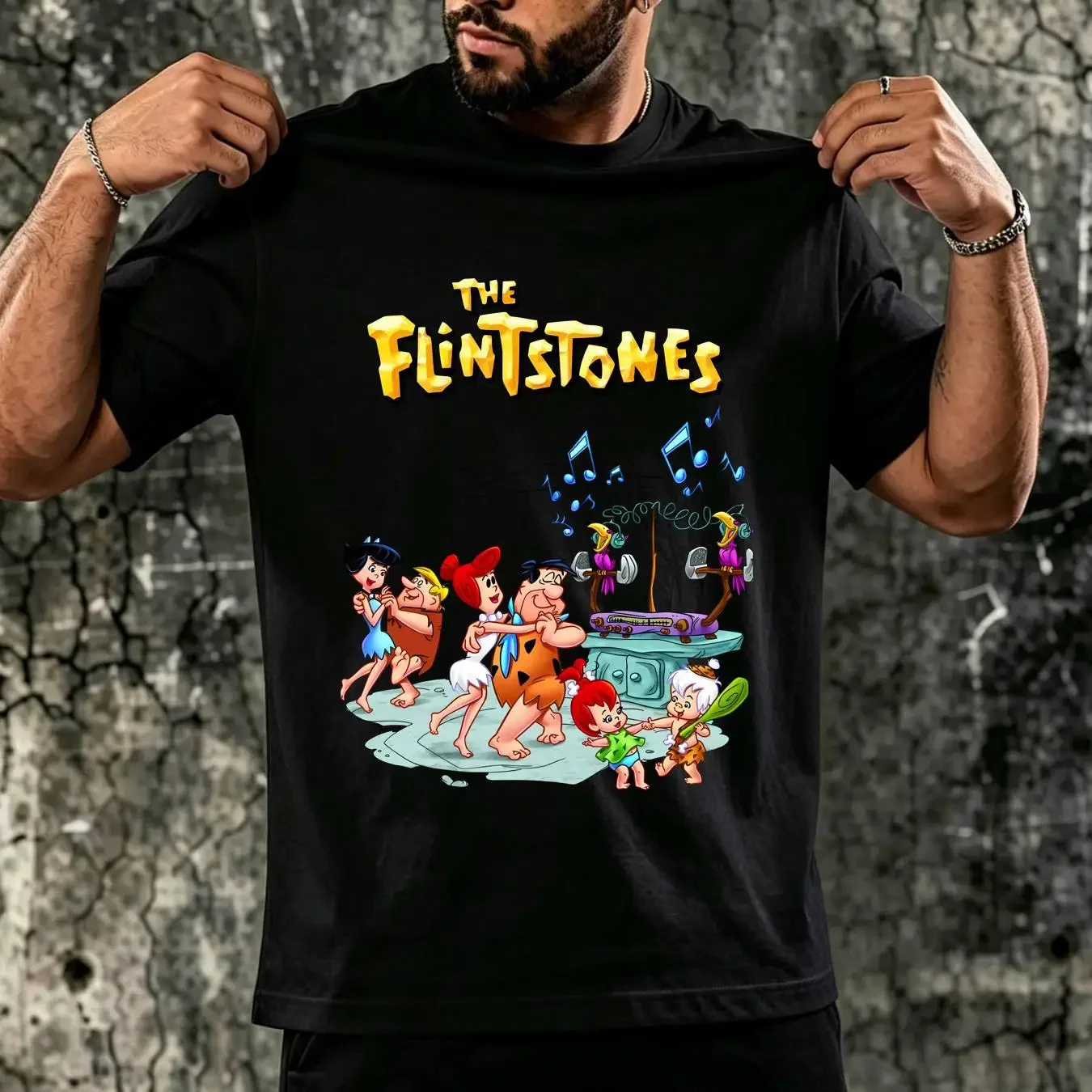 washed T Shirt The Flint stones Dance K9359 vintage Washed Stylish Comfortable streetwear Slightly Unisex graphic Versatile