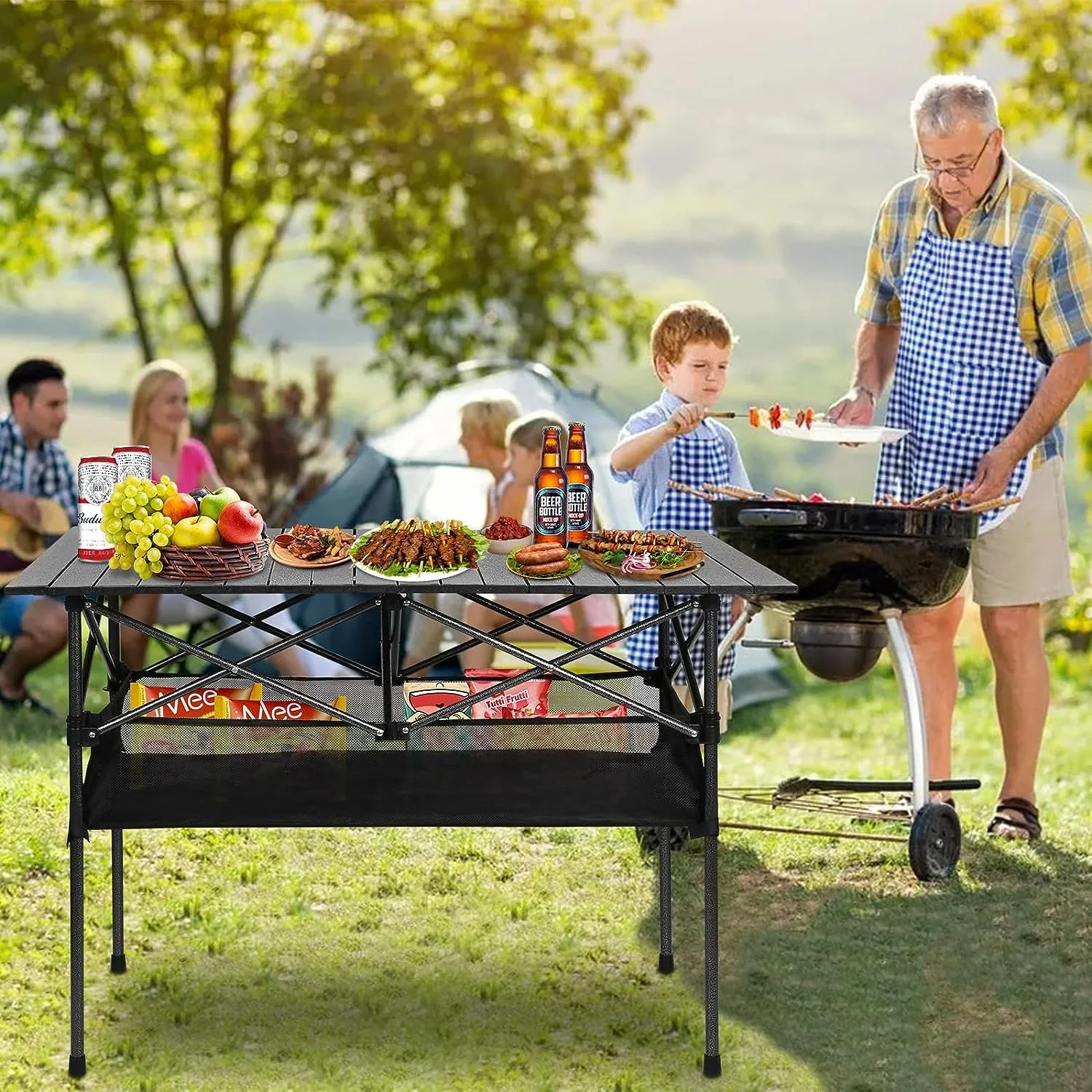 Camping Table, Portable Aluminum Roll-up Picnic Backpacking Table with Mesh Storage Bag, 46.5” x 26.8” x 21.7”, Black