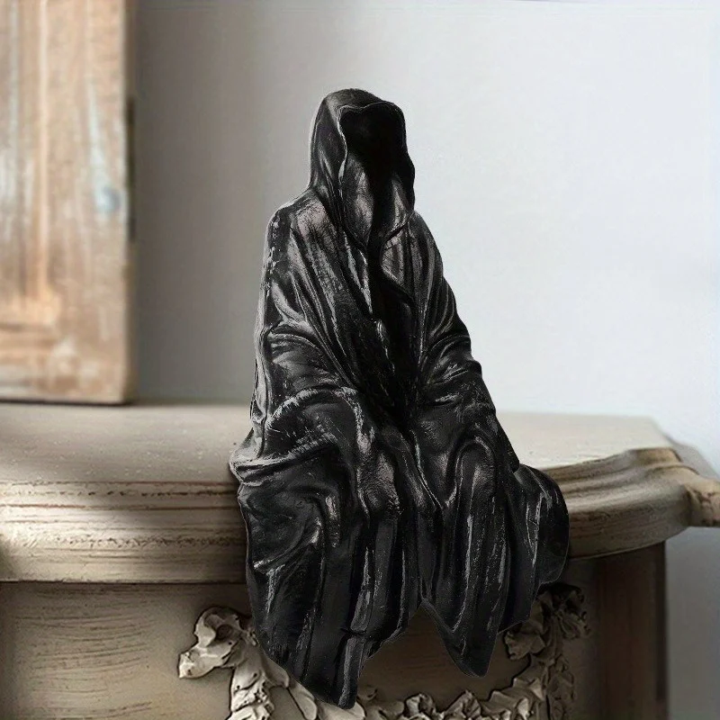 1pc Black Clothes Mysterious Master Ornament Horror Black Robed Night Walker Gothic Sitting Craft Ornament Desktop Decoration