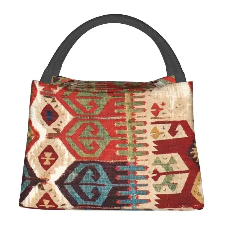 Aksaray Tribal Antique Turkish Kilim Print Insulated Lunch Bags for Women Leakproof Vintage Bohemian Ethnic Art Lunch Tote