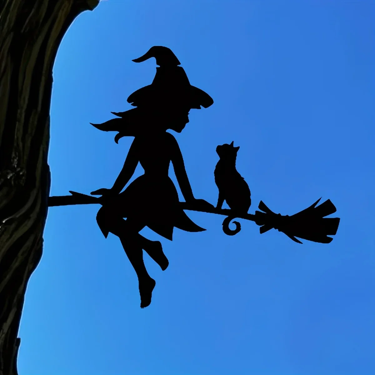 Enchanting Witch & Cat Garden Decor - Durable Iron Art with Flying Broomstick, for Halloween & Outdoor, Outdoor Garden Decor