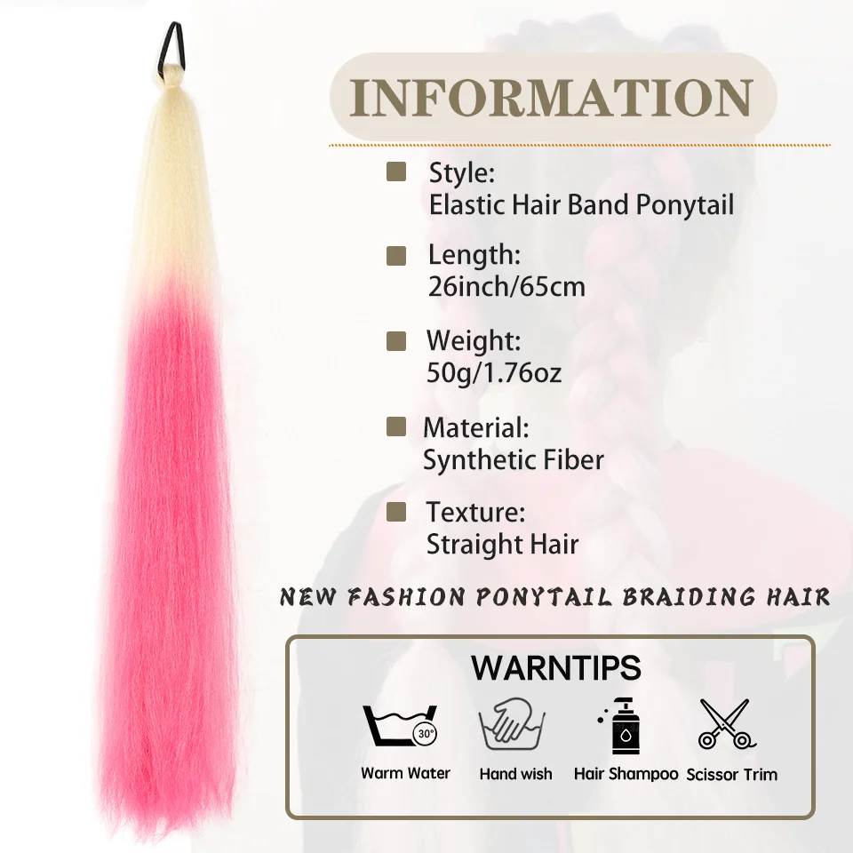 LUPU Synthetic Ponytail Extension with Elastic Tie Hair Band 26" Long Straight Colored Braiding Ponytail Ombre Pink Purple Blue