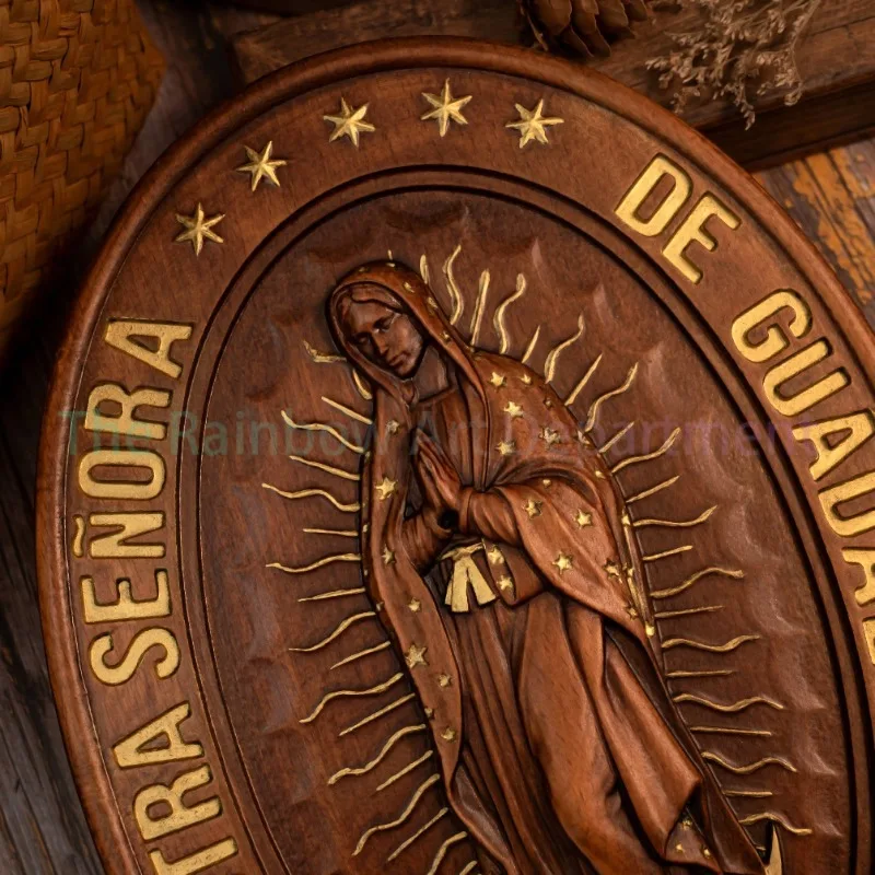 Our Lady of Guadalupe, Virgin Mary statue, catholic religious figure, wood carving wall decoration, catholic statue, gift