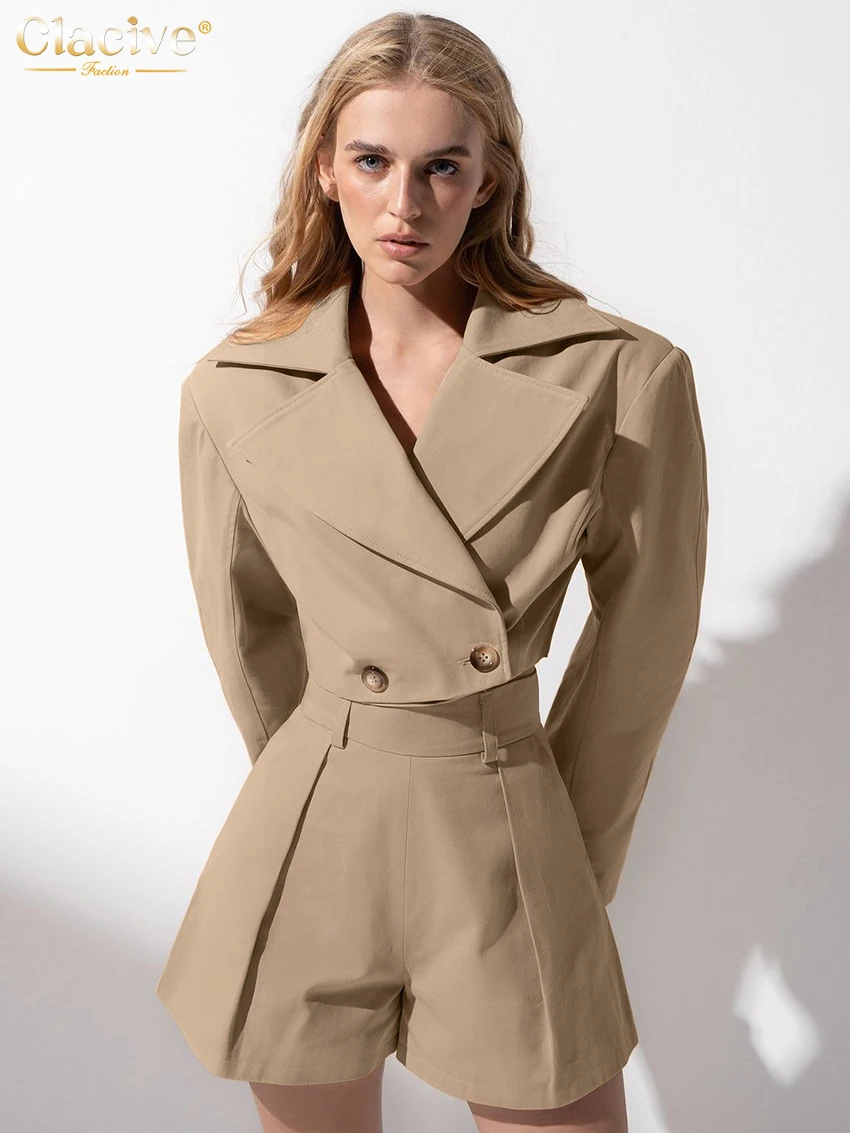 

Clacive Fashion Slim Khaki Women's Two Pieces Set 2025 Elegant Long Sleeve Crop Shirt With High Waist Shorts Set Streetwear