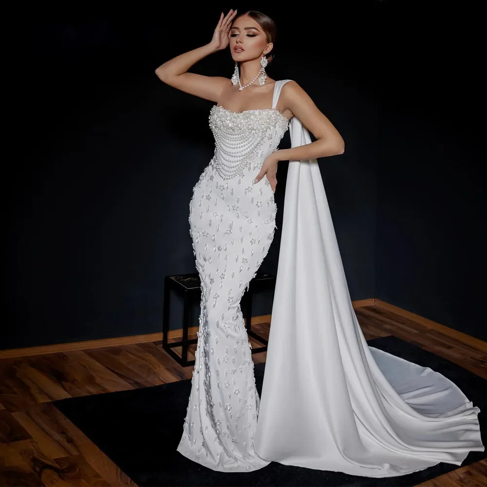 

Fashionable Mermaid Evening Dresses for Women One Shoulder Beading Celebrity Dress White Satin Vestidos De Noche