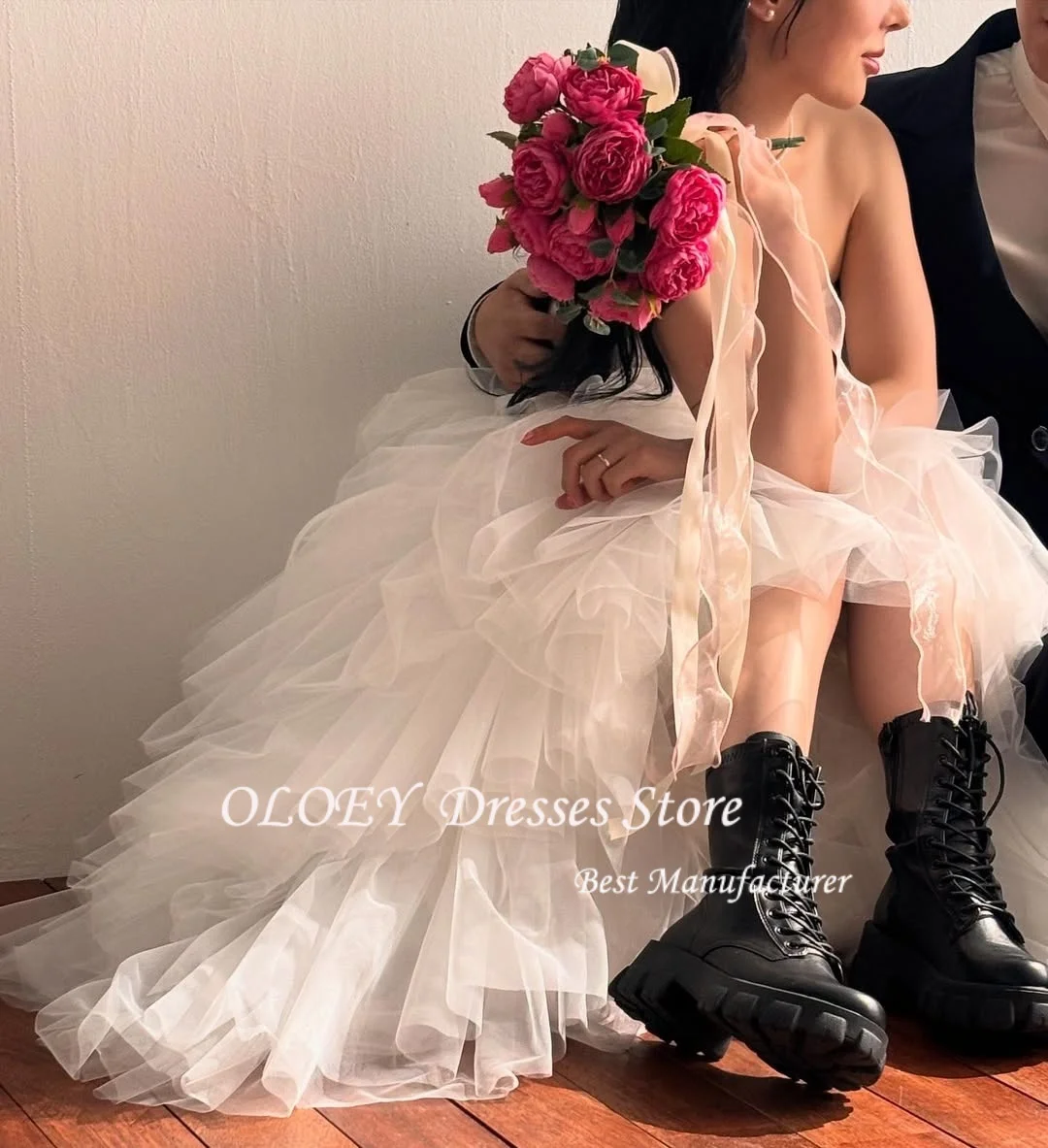 OLOEY Nuovo Elegante Tulle A File 2 PZ Corea Abiti Da Sposa Senza Maniche Servizio Fotografico Piano Lunghezza Corsetto Abiti Da Sposa Personalizzato 2025