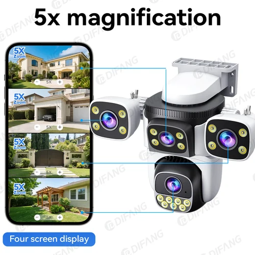 Imagen 2 del producto DIFANG 20MP 4 pantallas WiFi cámara de seguridad al aire libre 5X Zoom Quad lente seguimiento automático impermeable visión nocturna cámaras CCTV